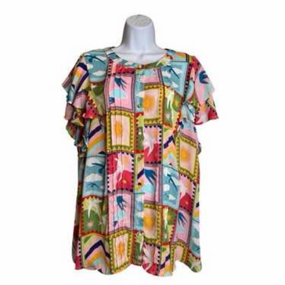 Rose + Olive 1x Patchwork Print Flutter Sleeve Bu… - image 7